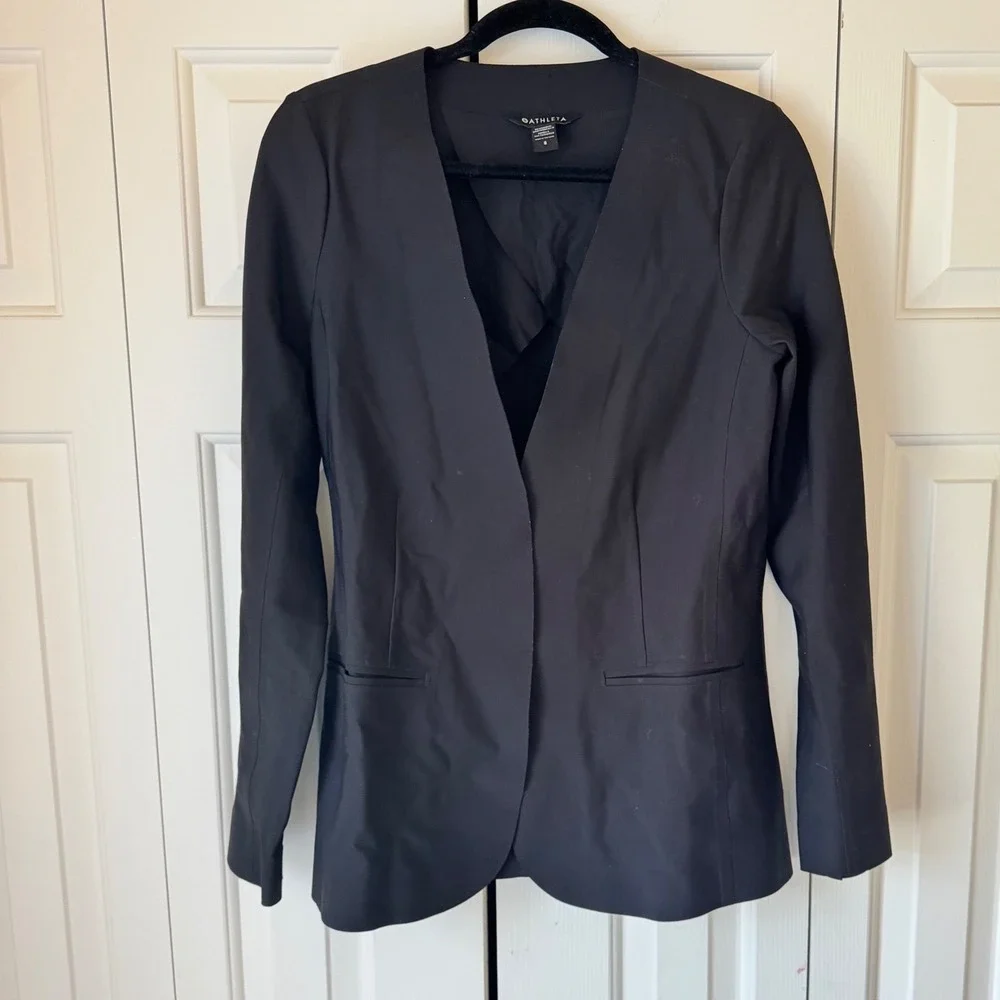 Athleta Avenue Blazer Black Collarless Open Front Stretch Jacket Womens 8